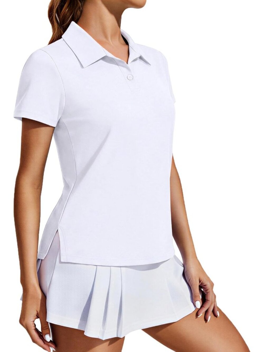 Women's White Golf Shirt UPF50+ Polo Short Sleeve 3 Button Tennis Top